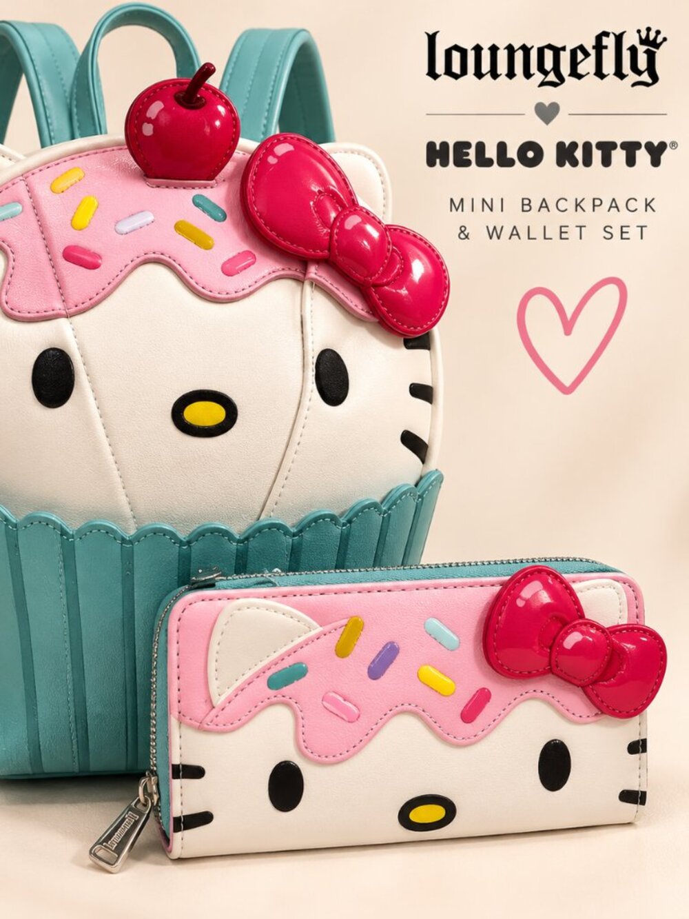 Loungefly Hello Kitty Cupcake Mini Backpack & Matching Wallet Set